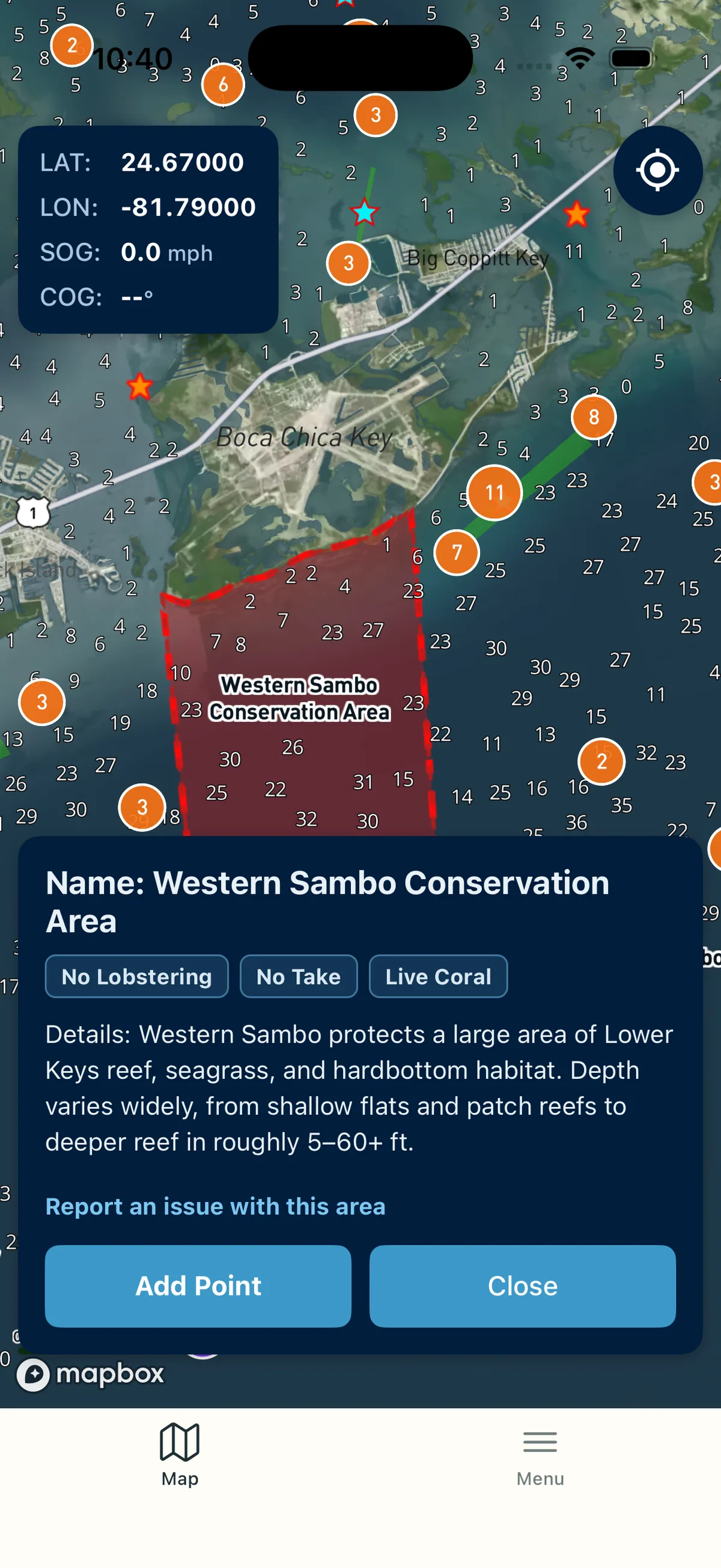 Lobsterly app showing a no-take zone on the map
