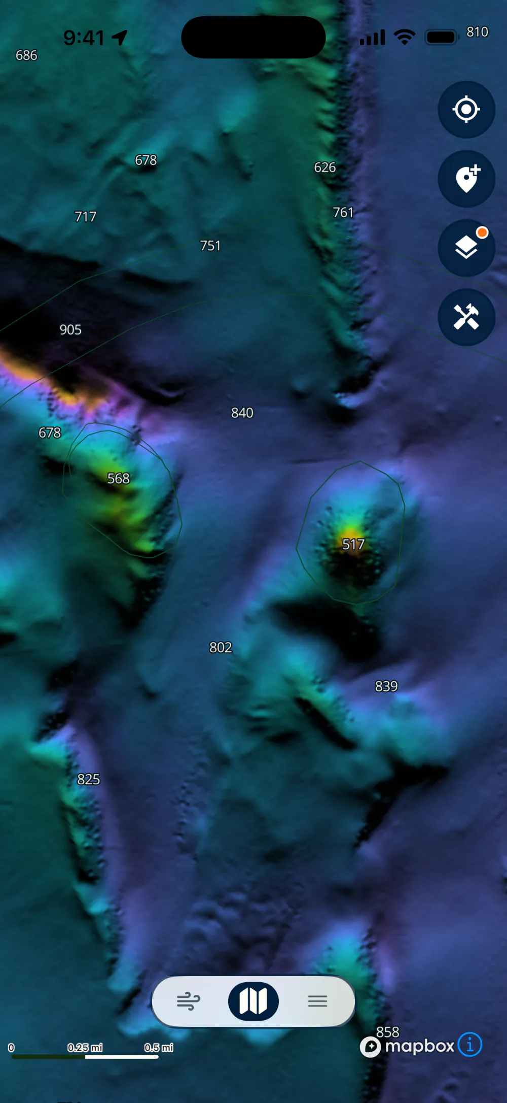 Lobsterly app: Shaded relief of deep offshore ridges and seamounts