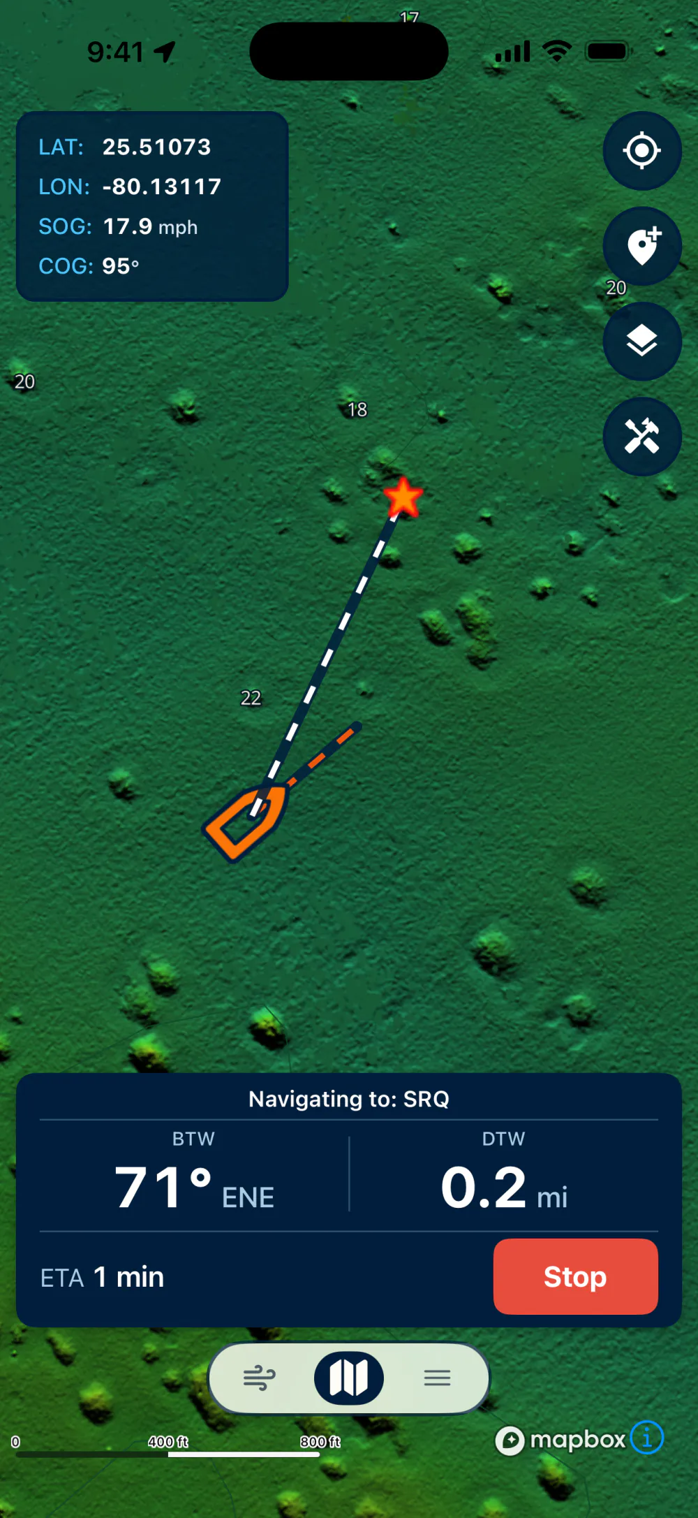 Lobsterly app: Navigating to a waypoint with bearing, distance, and ETA on screen