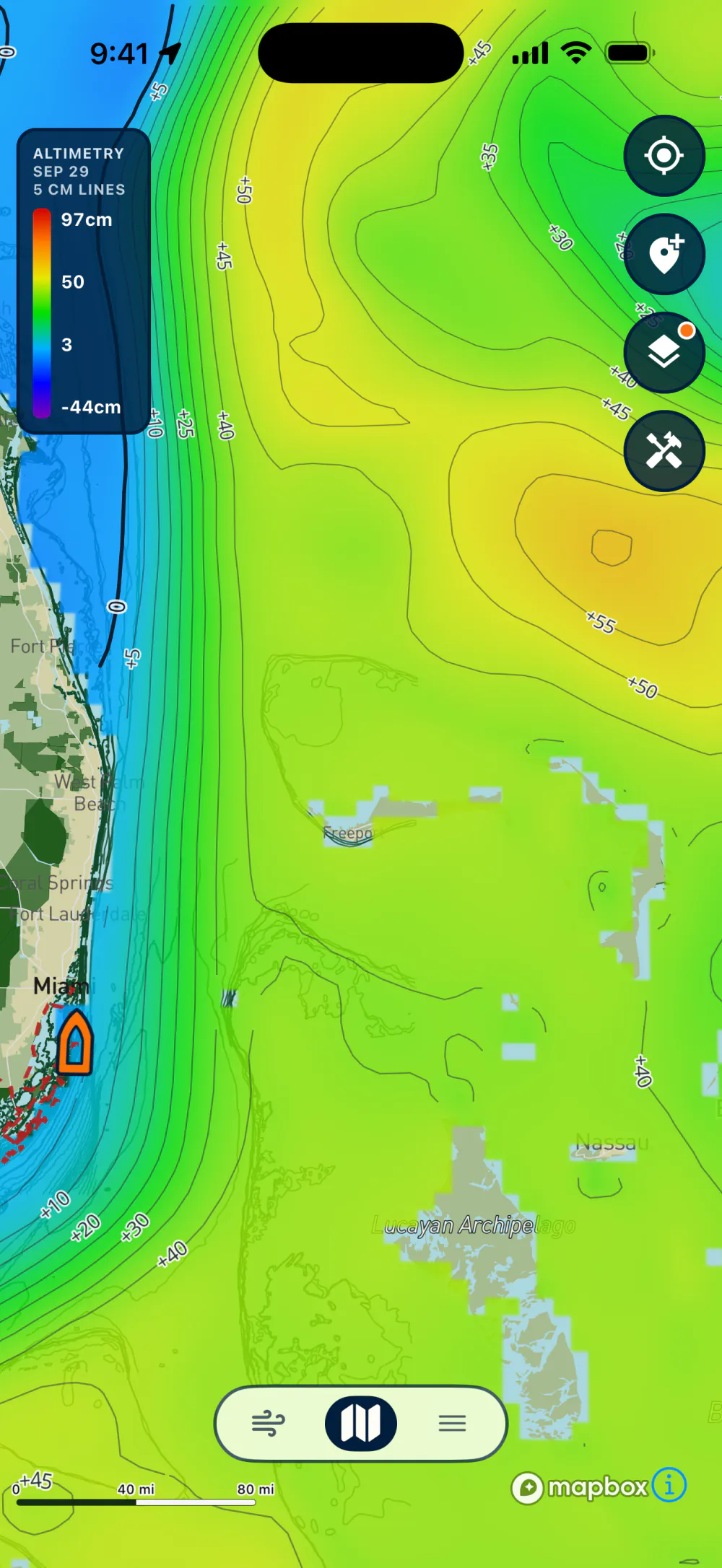 Lobsterly app showing the Altimetry ocean layer off South Florida