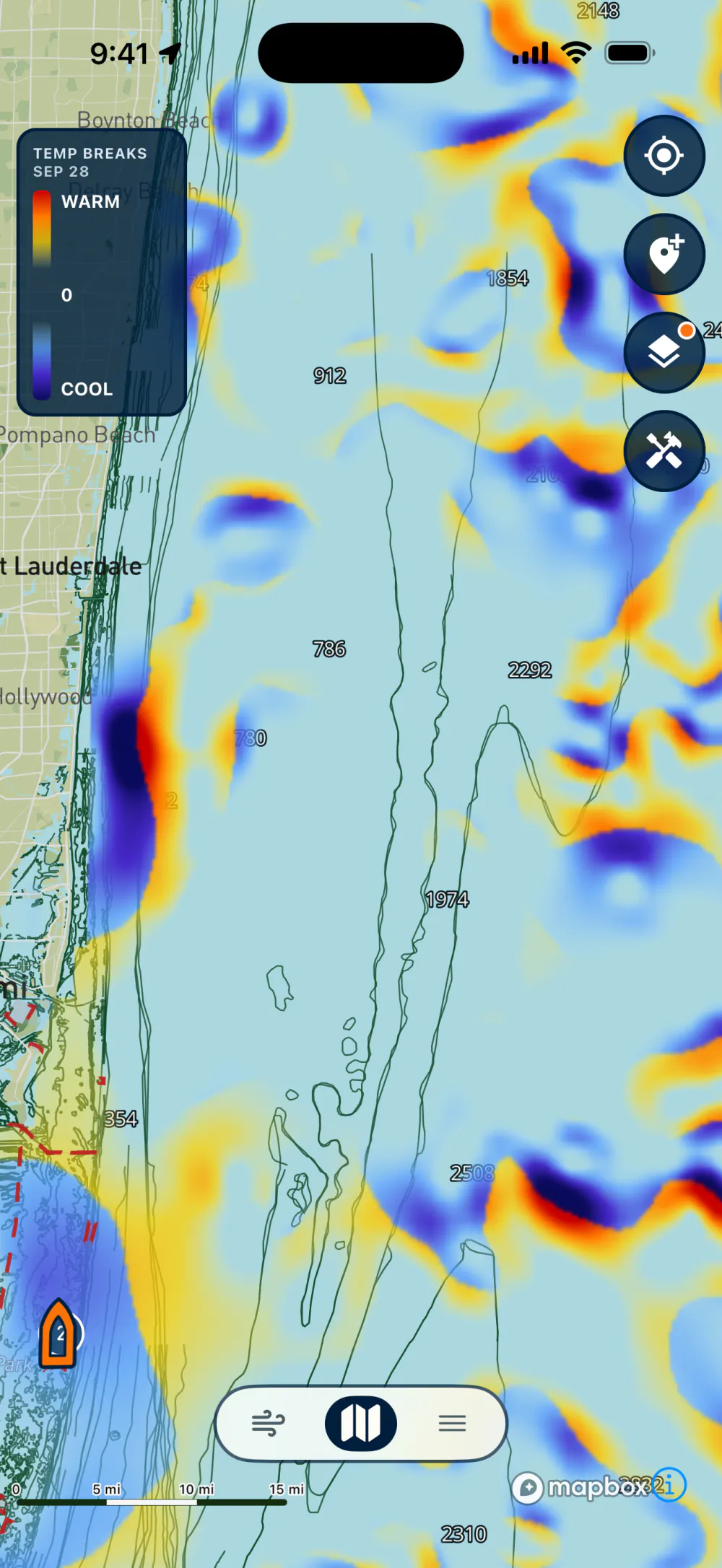 Lobsterly app showing the Temp Breaks ocean layer off South Florida