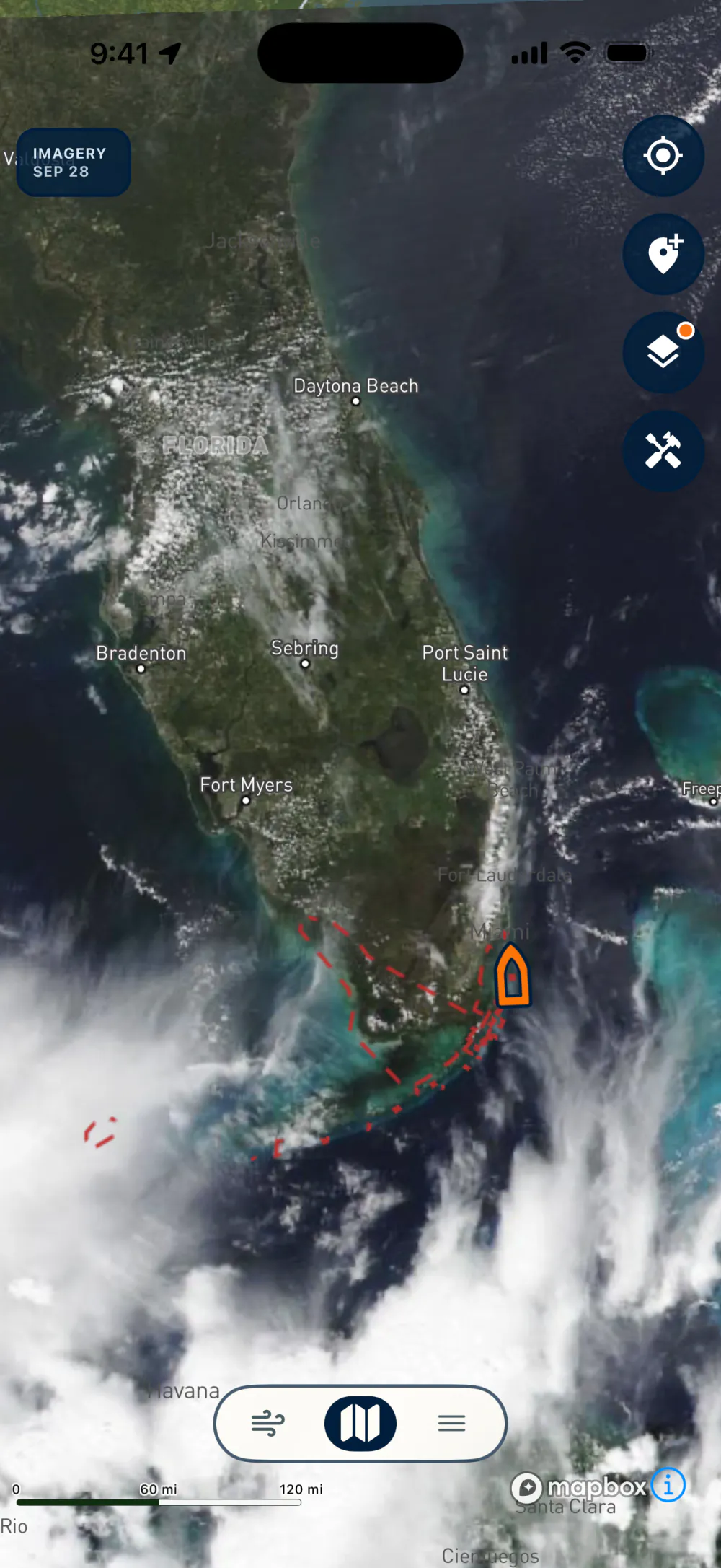 Lobsterly app showing the Daily True Color ocean layer off South Florida