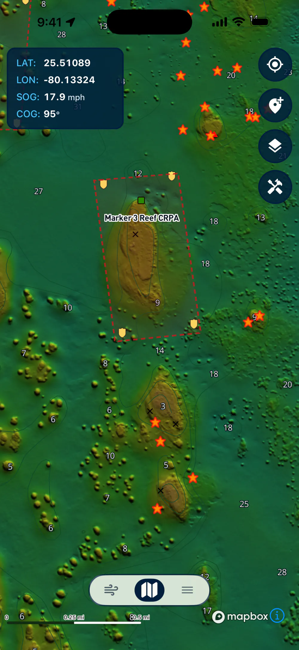 Lobsterly app showing lobster spots and a protected reef zone on high-resolution bathymetry