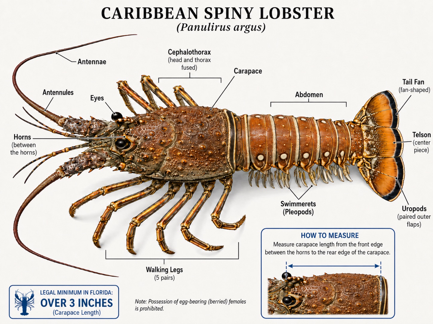 Labeled anatomy diagram of a Caribbean spiny lobster (Panulirus argus): antennae, antennules, eyes, horns, cephalothorax, carapace, abdomen, walking legs, swimmerets, tail fan, telson, and uropods, noting Florida's legal minimum of a carapace over 3 inches.